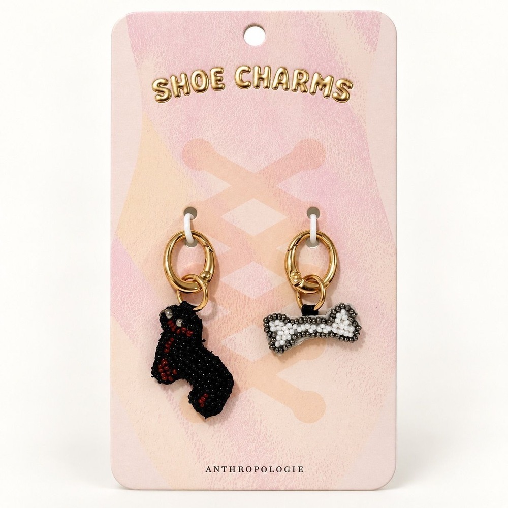 Anthropologie Shoe Charms Dog & Bone Beaded Gold Clasp Set Black White NWT